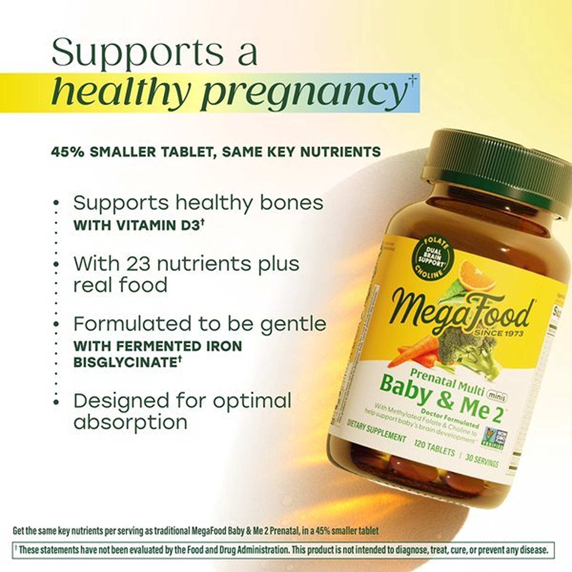 MegaFood Baby & Me 2 Prenatal Minis - Folate, Choline, Iron, Vitamin C & D3 - 30 Servings