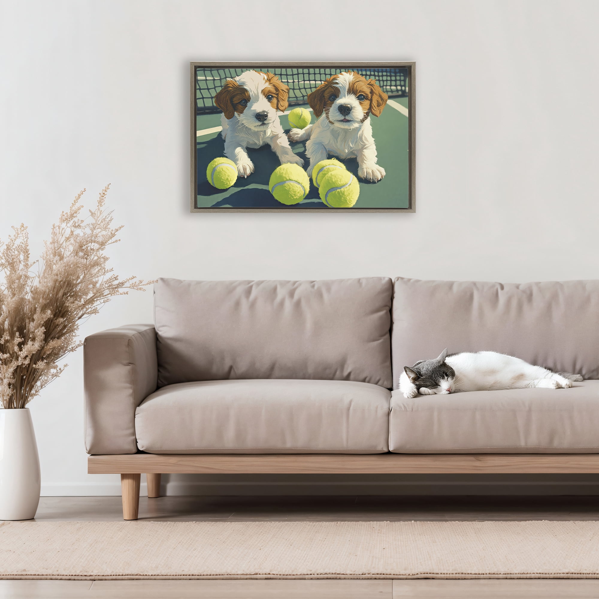 Stupell Industries Playful Puppies with Tennis Balls Brown Framed Floater Canvas Wall Art, design by Imagine It Images