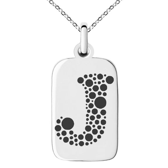 Stainless Steel Letter J Initial Dotted Monogram Engraved Small Rectangle Dog Tag Charm Pendant Necklace
