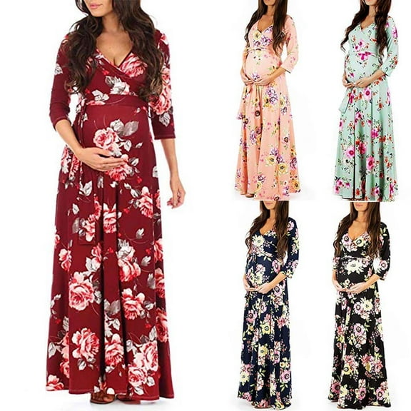 Jacenvly New Maternity Clothes for Women Elbow-Length Print Summer Dresses for Women 2025 Soft Satiny New Style V-Neck Long Maternity Dress Plus Size Waistband Black S