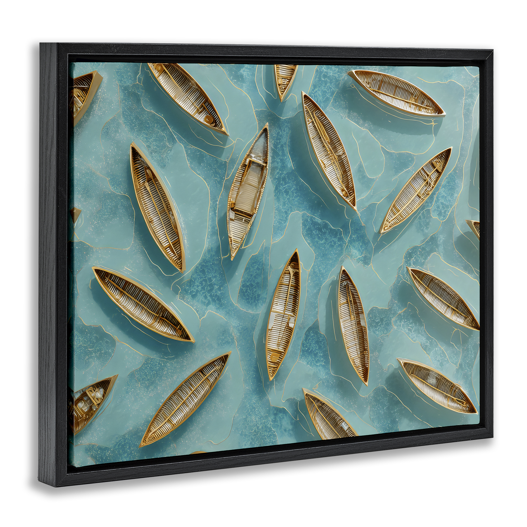 Harmonious Canoes on Water Black Framed Floater Canvas Wall Art, design by Franklyn Gregory