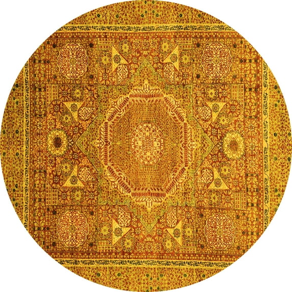 Ahgly Company Machine Washable Indoor Round Abstract Yellow Modern Area Rugs, 3' Round
