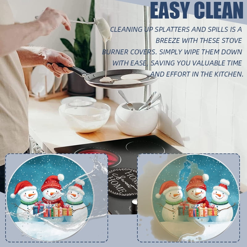 Christmas Stovetop Covers Electric Stove Cooktop, Christmas Cute Three Snowman with Present Round Xmas Decorative Kitchen Decor Stove Burner Covers Set of 4, 8 Inches and 10 Inches