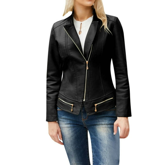 LOVZFMLL Vestes pour Femmes en Cuir à Manches Longues Courtes Sans Capuche Manteau en Similicuir Veste à Revers