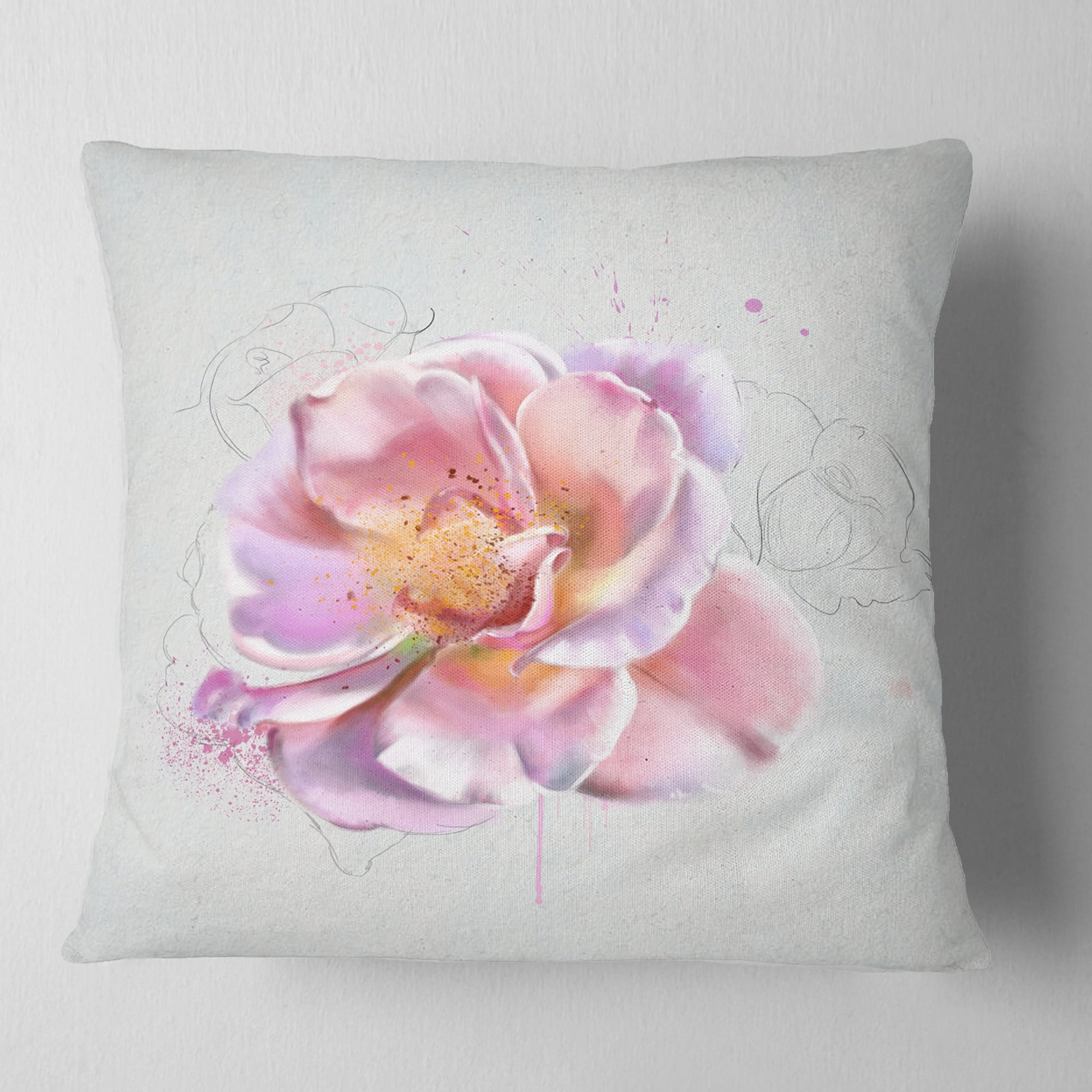 Designart Cute Watercolor Pink Rose Sketch - Flowers Throw Pillowwork - 18x18