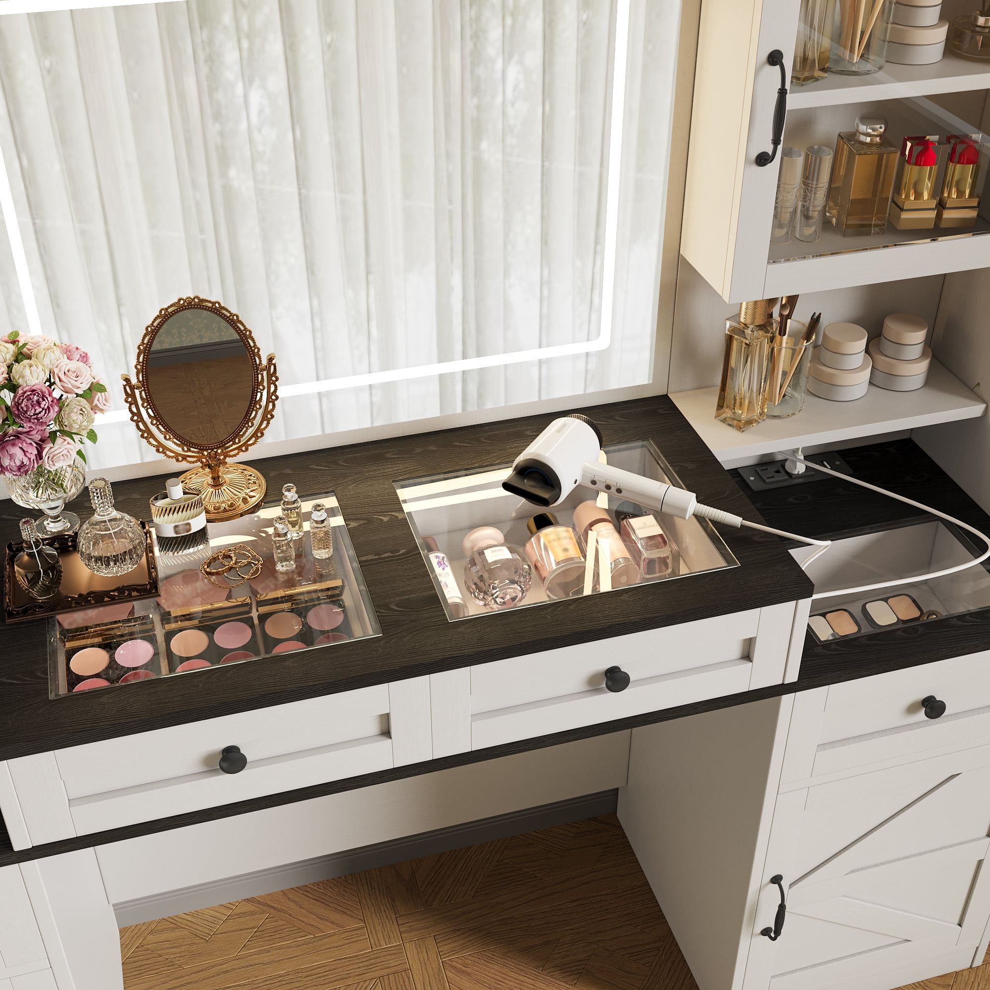 Euroco Farmhouse Vanity Desk with Lighted Mirror, Charging Station, Tempered Glass Top & Storage Stool – Makeup Table with 3-Color LED Lights and Drawers