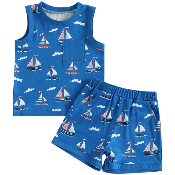 Nwiuh Baby Boy Summer Clothes Infant Toddler Beach Outfits Sleeveless Tank Tops Shorts Set (Blue, 18-24 Months)