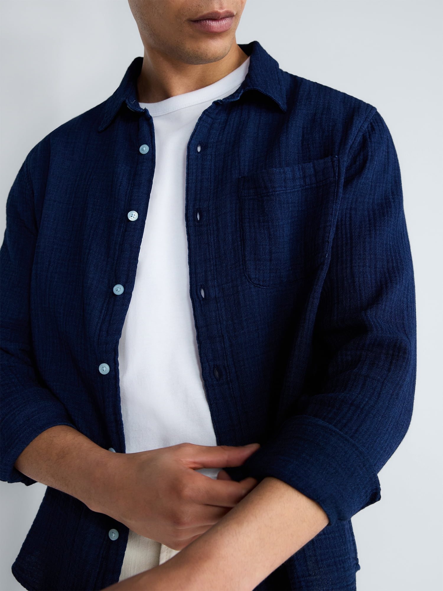 Free Assembly Men's Button Front Double Cloth Shirt with Long Sleeves, Sizes XS-3XL