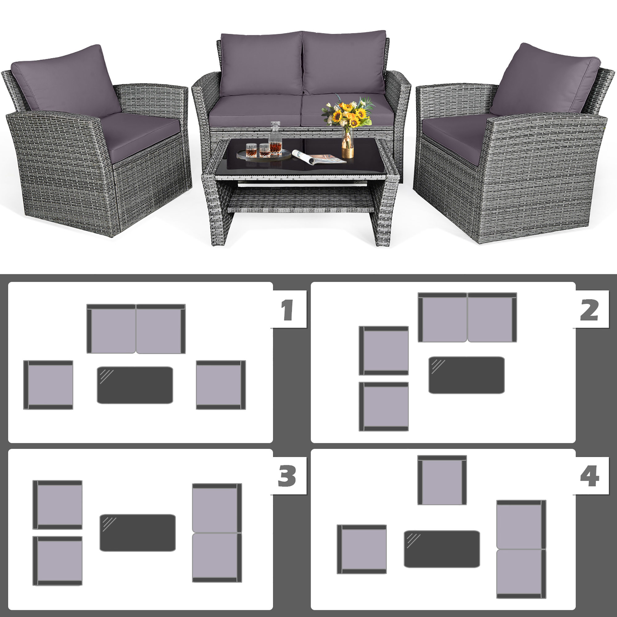 Gymax 4PCS Patio Rattan Conversation Set Outdoor Furniture Set w/ Grey Cushions - image 5 of 10