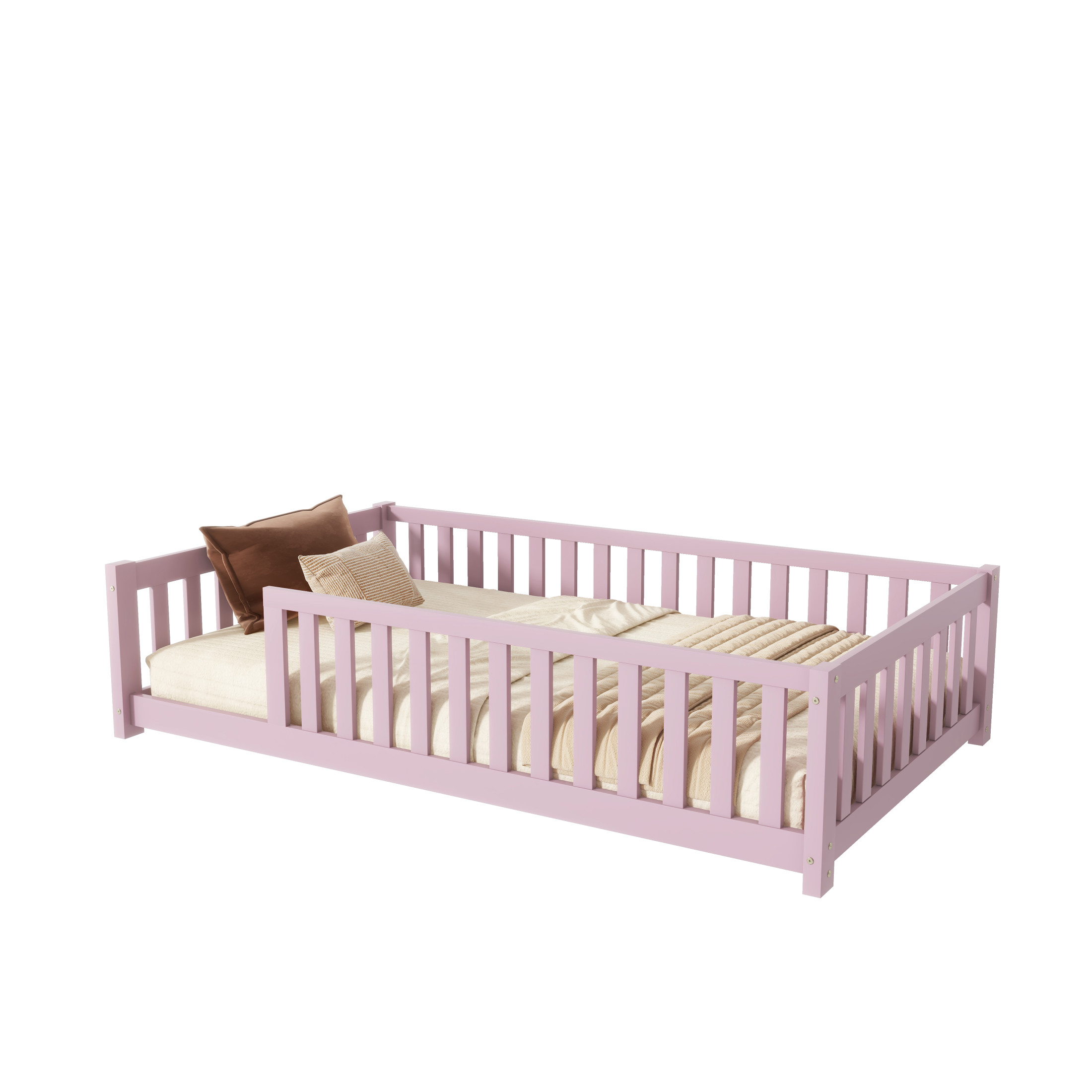 Noble House Wahid Twin Size Floor Bed with High Safety Guardrails, Rubber Wooden Bed Frame, Pink