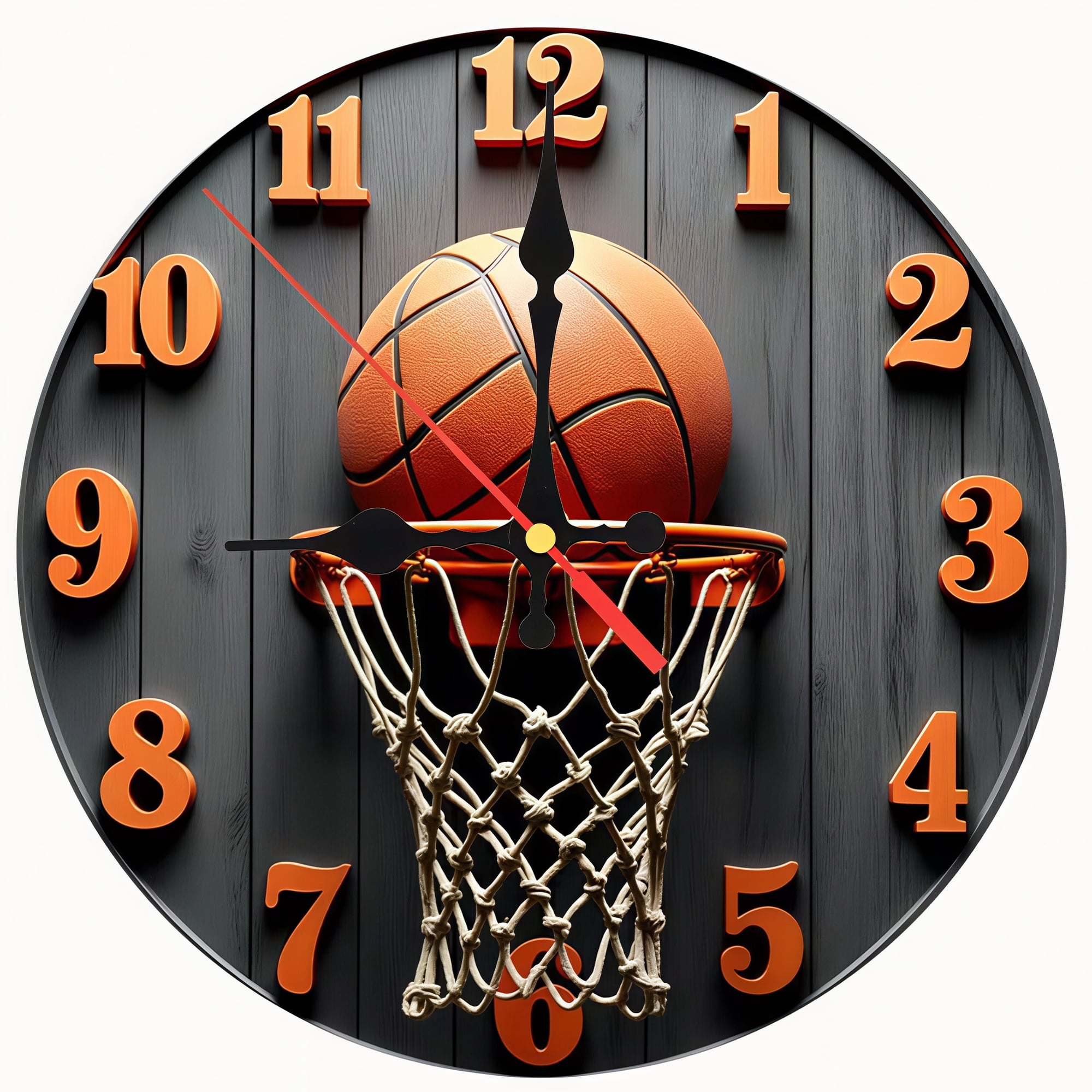 2D Flat Wooden Wall Clock, Basketball Theme Retro Design, Silent Non-Ticking Print Home Decoration for Sports Fans, Basketball Room Decor, AA Battery Not Included