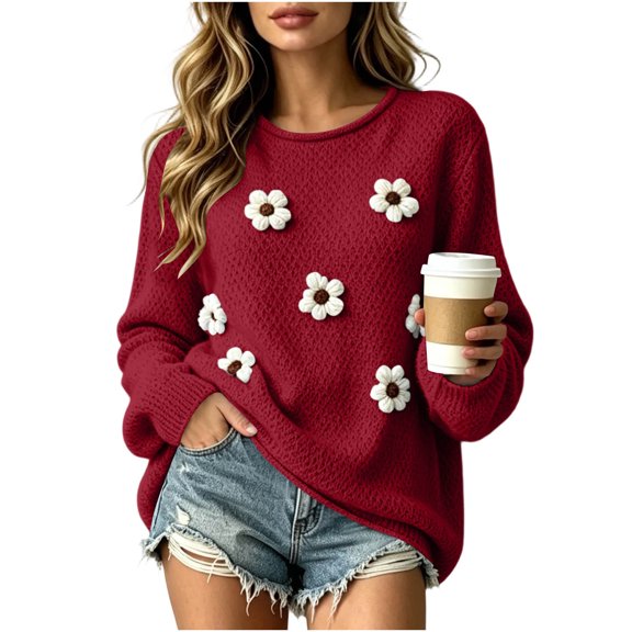 Enjoytime Long Sleeve Tops for Women Floral Knitted Crew Neck Pullover Sweater Fall Casual Plus Size Womens Clothing