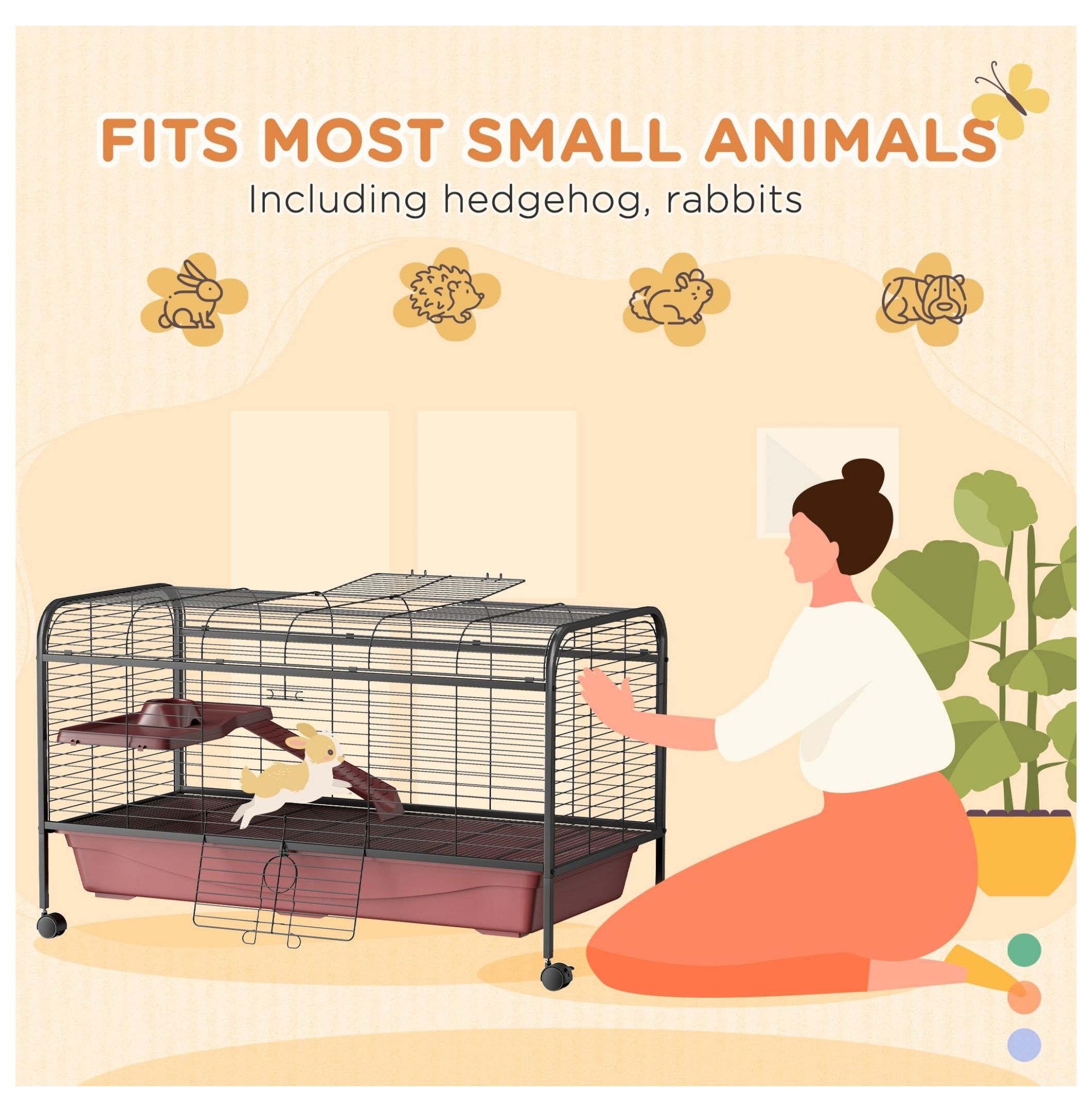 "L Small Animal Cage, Pet Play House for Rabbit Hutch with Feeder, Rolling Wheels, Platform, Ramp