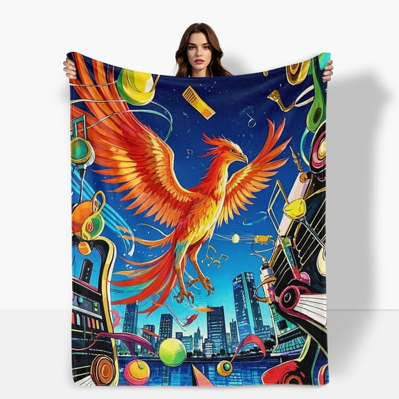 Phoenix Musical Notes Cityscape Wall Hanging Themed Cozy Fleece Blanket Soft Warm Comfortable For Sofa Bed Travel Camping Living Room Office Chair Polyester Gift For Family Or Friends