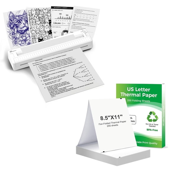 Milestone Portable Wireless Thermal Printer, 8.5" x 11" US Letter Inkless Mobile Printer with 200 Sheets Thermal Paper for Home Office School Travel