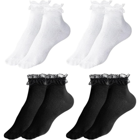 4 Pairs Women's Ruffle Socks,Ankle Socks Adult,Ruffled Socks,Black White Ruffle Socks Set,Ballet Socks,Frilly Socks,Cotton Socks for Women Girls