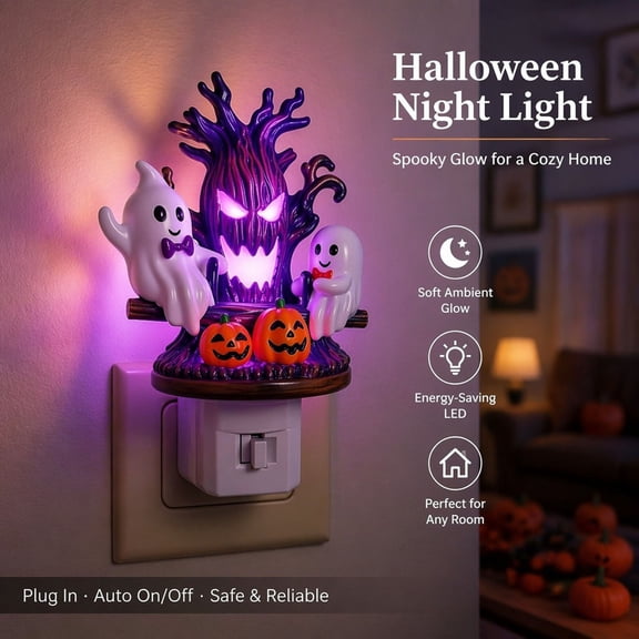 Cififendec Halloween Plug In Ghost Seesaw Night Light, LED Spooky Tree Pumpkin Wall Plug Lamp for Bedroom Hallway Bathroom Spooky Indoor Decor