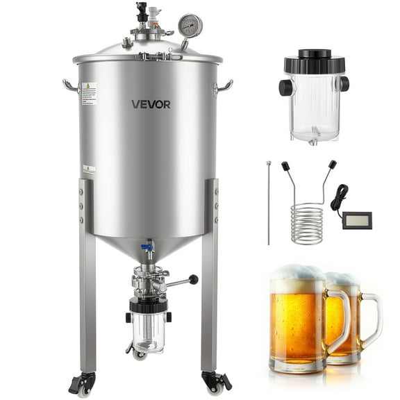 VEVOR Pressure Fermenter 15 PSI, 16 Gal/60L All-in-One Stainless Steel Conical Secondary Fermentation Bucket, with Cooling Tube, Yeast Slurry Collection Bottle, for Wine, Beer Brewing Equipment