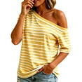 thumbnail image 2 of LEKWK Striped Off Shoulder Tops for Women Short Sleeve Asymmetrical Neck Casual Tops Dressy Casual Loose Fit Summer Shirts Fashion Beach Vacation Outfits, 2 of 7