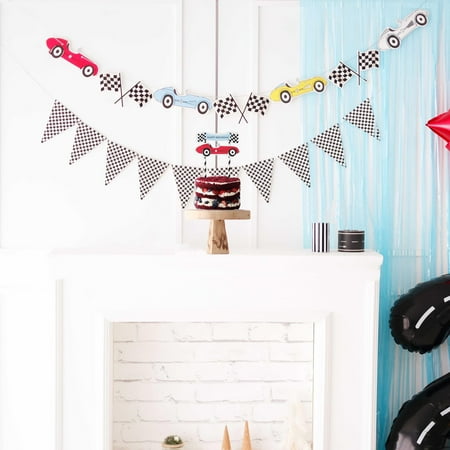 Partifabrik Racing Birthday CORNET Party Decorations - Retro Race Car Theme Party Supplies for Boys, Checkered Flag Banner, Cake Topper, Triangle Pennant Flags - Race Car Birthday Set, 3 PCS