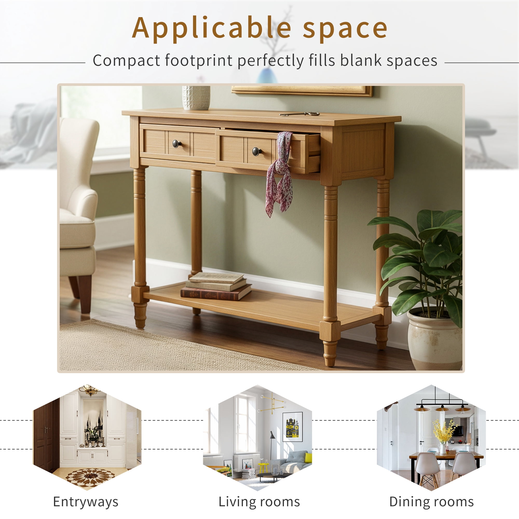 Euroco Farmhouse Wood Console Table with 2 Drawers and Bottom Shelf, 2-Tier Narrow Entryway Table Sofa Table Behind The Couch for Entrance, Hallway,Living Room, Foyer,Natural