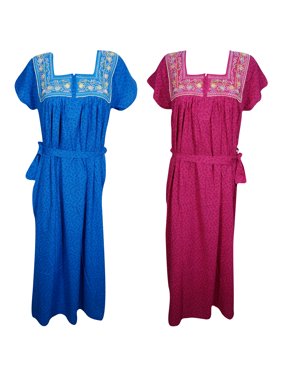 Mogul Lot Of 2 Long Cotton Caftan Blue Pink Eveningwear Printed Short Sleeves Summer Comfy Maxi Kaftan Dress L