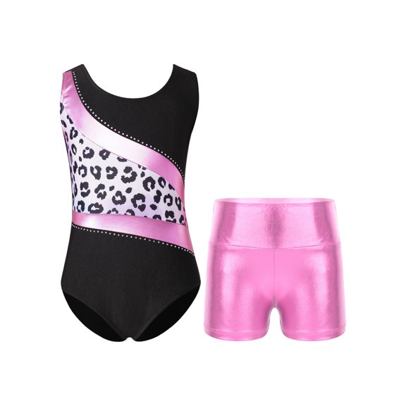 YEAHDOR Girls Gym Suit Shiny Rhinestones Sleeveless Leotard with Shiny Metallic Shorts Set Yoga Dance Training Outfit Leopard 8