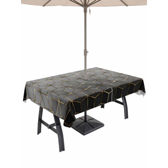 Outdoor Tablecloth with Umbrella Hole and Zipper, Ombre Gray Geometric Rectangle Table Cloth 54x80 Inch Waterproof Tablecloth, Modern Abstract Art Picnic Table Cover for Patio Camping