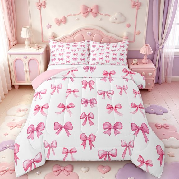Manfei Princess Bowknot Ribbon Full Size Comforter Sets,Pink Dreamy Bow Tie Bedding Comforter Set,Pink Reversible,3 Pieces,1 Comforter and 2 Pillowcases