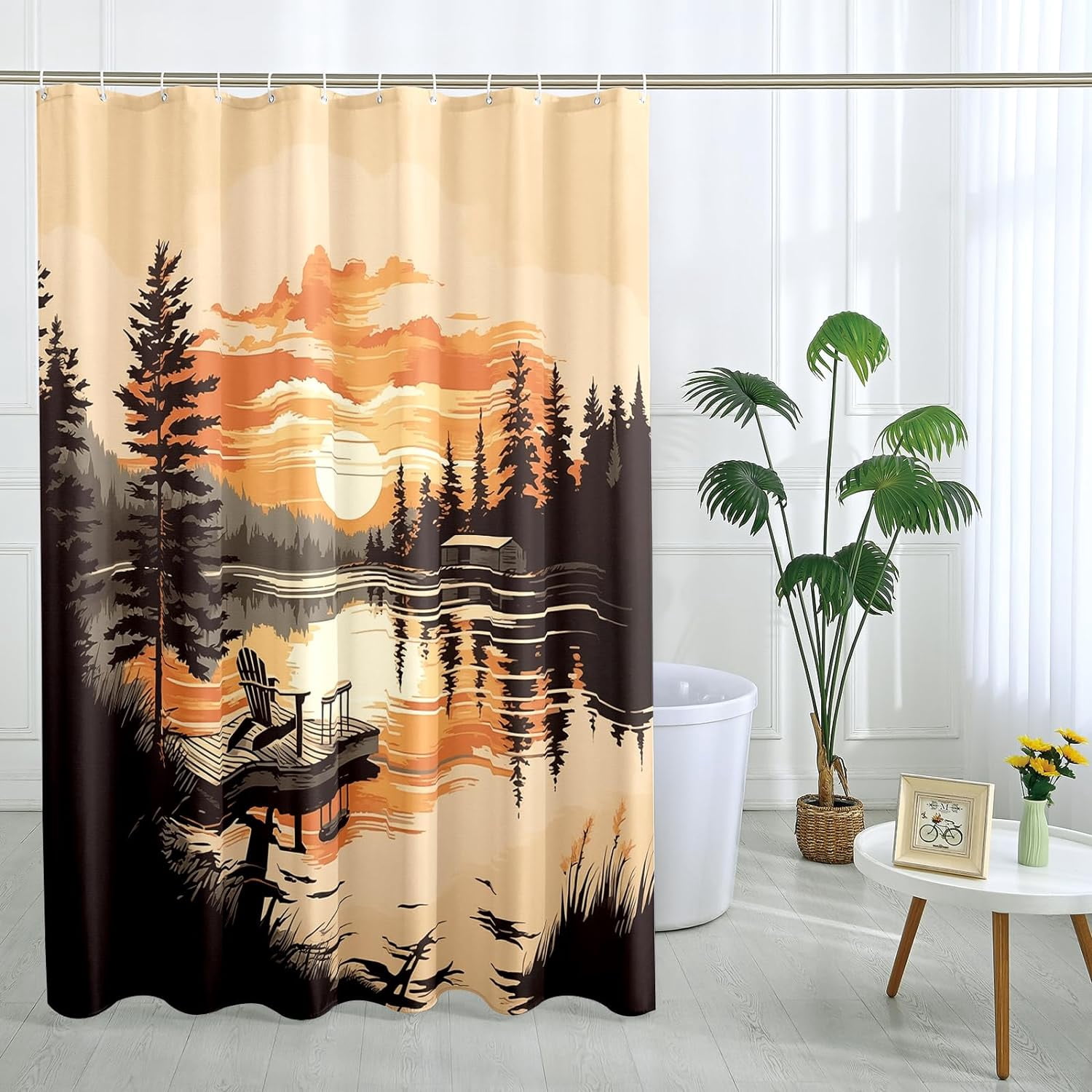 Rustic Lake Shower Curtain Country Sunset Landscape Scenery Shower Curtains Vintage Woodland Hunting Themed Bathroom Decor Polyester Fabric-72" x 72"