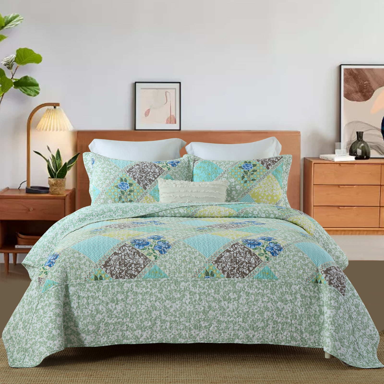 PANGUSHAN 100% Cotton 120"x120" Oversized California King Bedspread Coverlet Quilt Set, Cal King Quilted Bedspread Extra Large Wide Quilt, Floral XL Bed Spread Lightweight Comforter, 3pc, Green/Blue