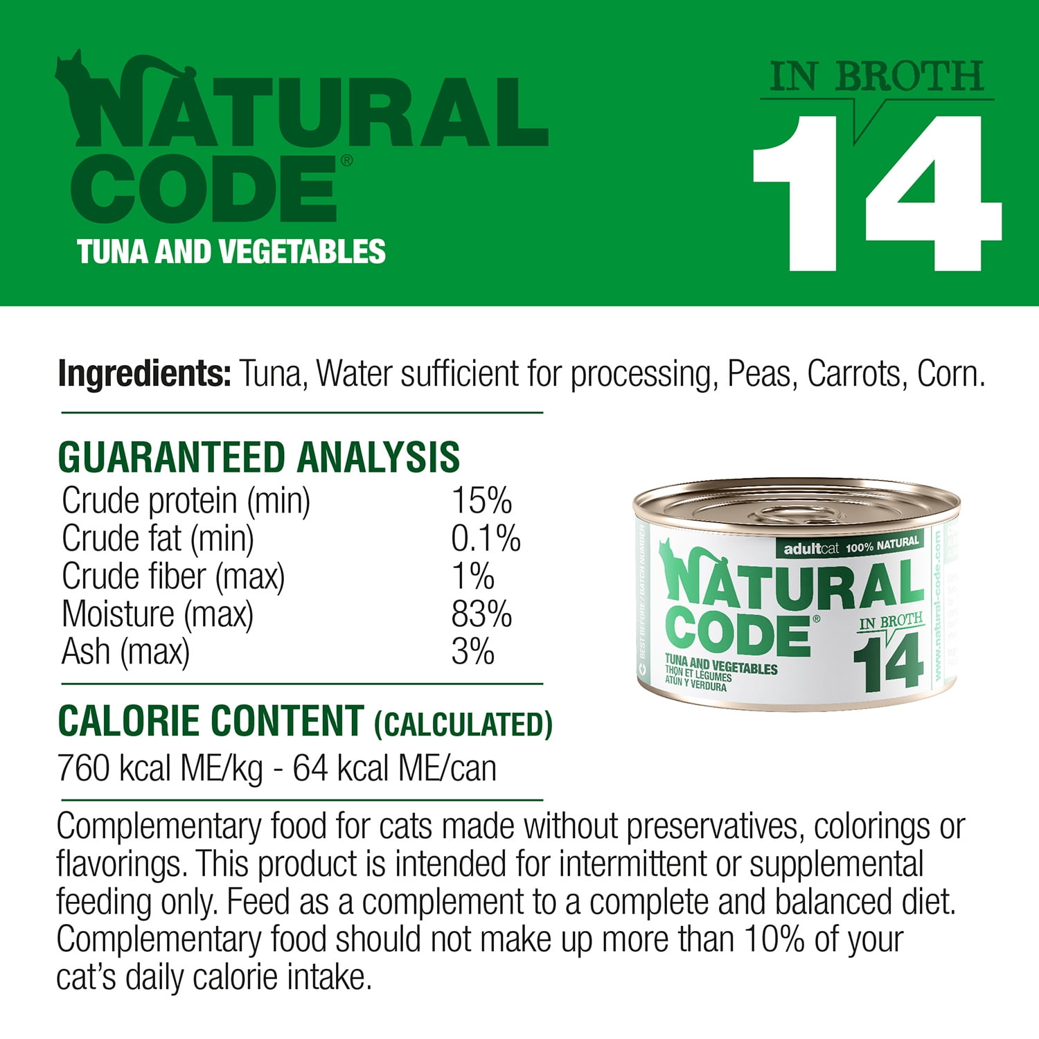 Natural Code - Wet Cat Food, Limited Ingredient Cat Food, High-Protein, Non-GMO, No Artificial Additives, Made In Italy, Tuna and Vegetables in Broth for Adult Cats (3 oz, 24 Pack)