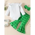 thumbnail image 3 of Bslissey Baby Girls Ireland Holidays Outfits Long Sleeve Letter Clover Print Romper + Plaid Flare Pants + Headband 3M-24M Infant Toddler Spring Fall 3Pcs Clothes Set, 3 of 10