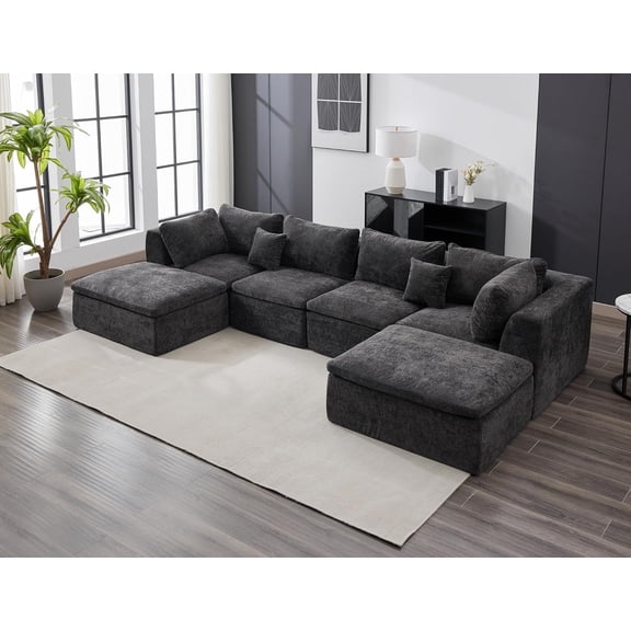 140" Boneless Sectional Cloud Sofa with Ottoman, Convertible U Shaped Modular Sofa with Double Chaise, Deep Seating & Chenille Fabric