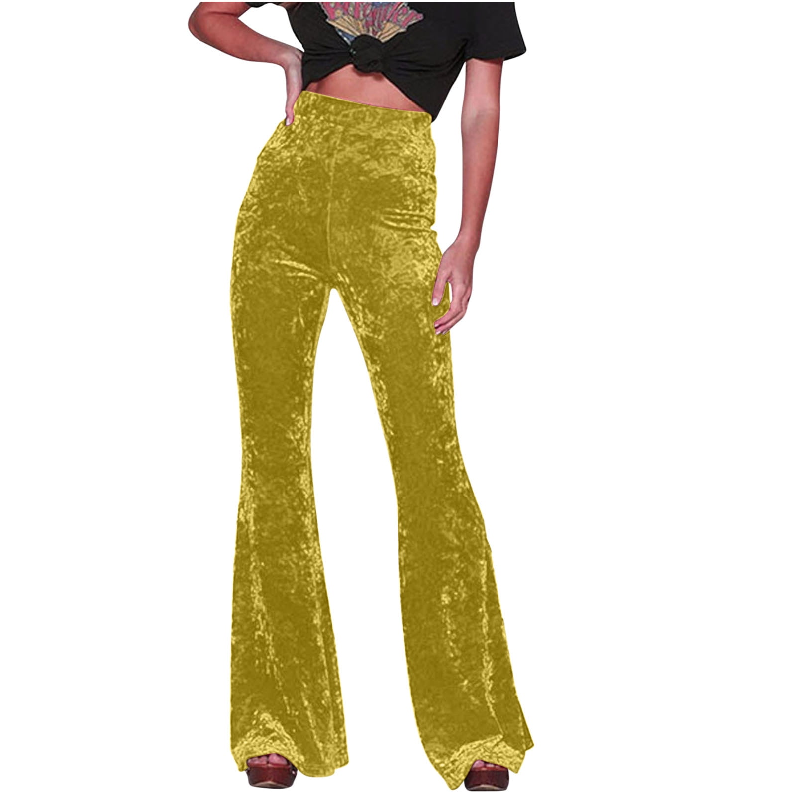 Lovskoo 2024 Velvet Pants for Women Fall Spring High Waist Wide Leg Bell Bottom Trousers Casual Baggy Pants Yellow