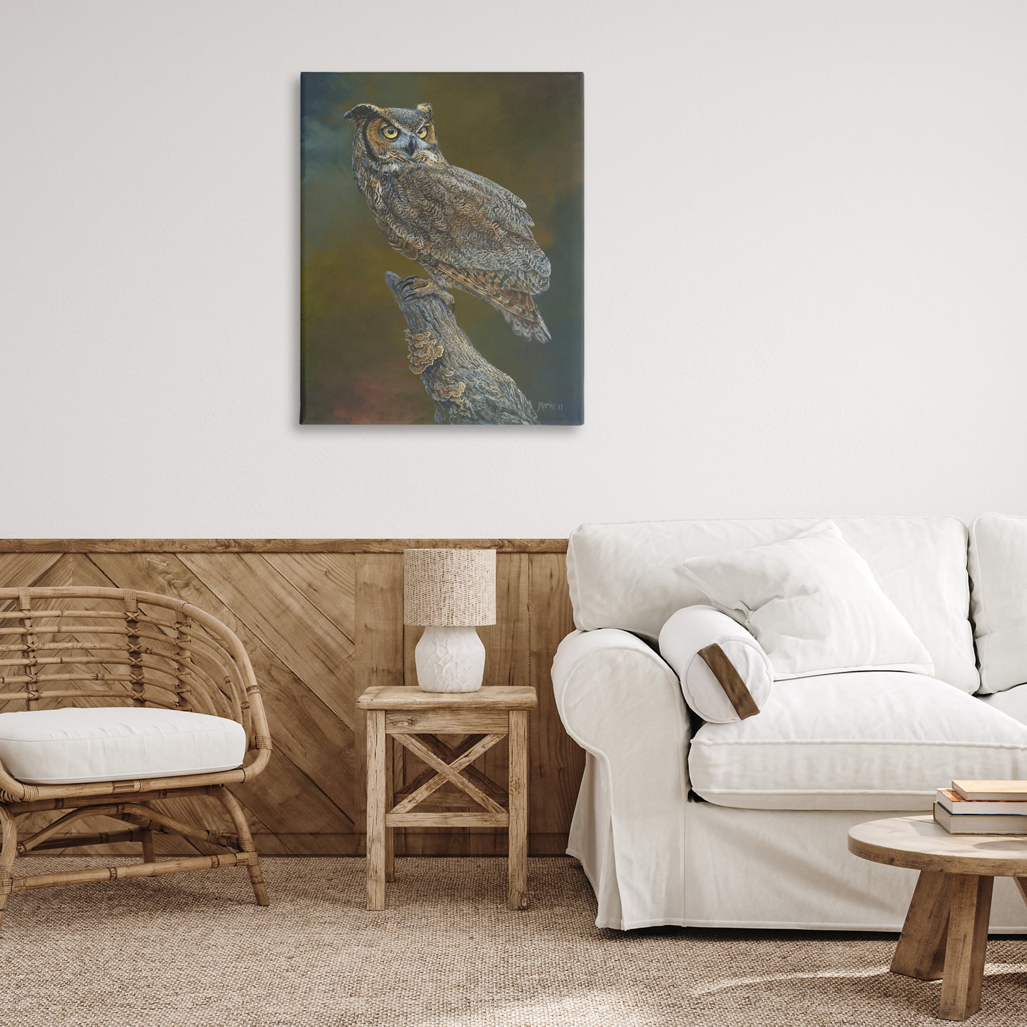 Stupell Industries Great Horned Owl on Branch Animals Painting Wrapped Canvas Art Print Wall Art, 30 x 40