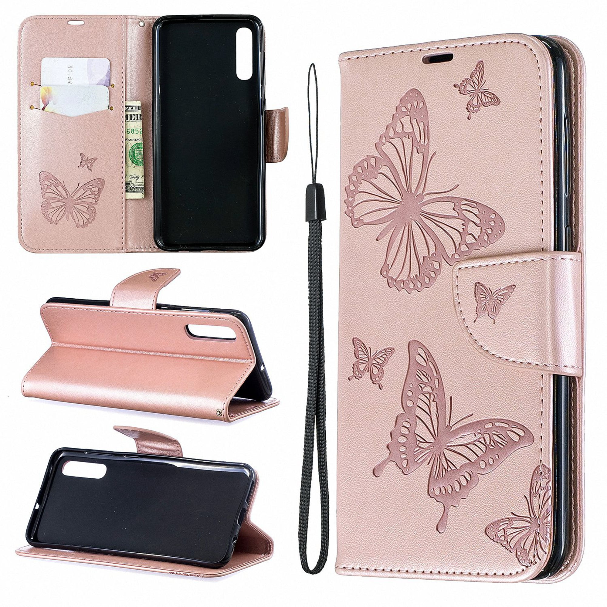 WIWJ Compatible with Samsung Galaxy A50 Case,Flower Butterfly 3D Embossed PU Leather Case with Card Holder Wallet Cover Flip Case Cover for Samsung Galaxy A50-Rose Gold 
