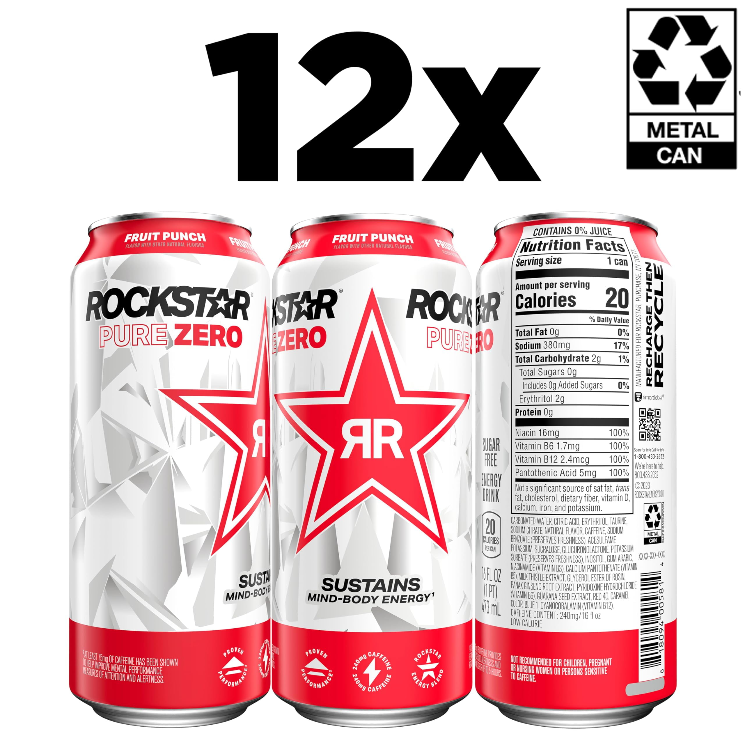 Rockstar Pure Zero Energy Drink, Fruit Punch, 0 Sugar, With Caffeine And Taurine, 16Oz Cans (12 Pack)
