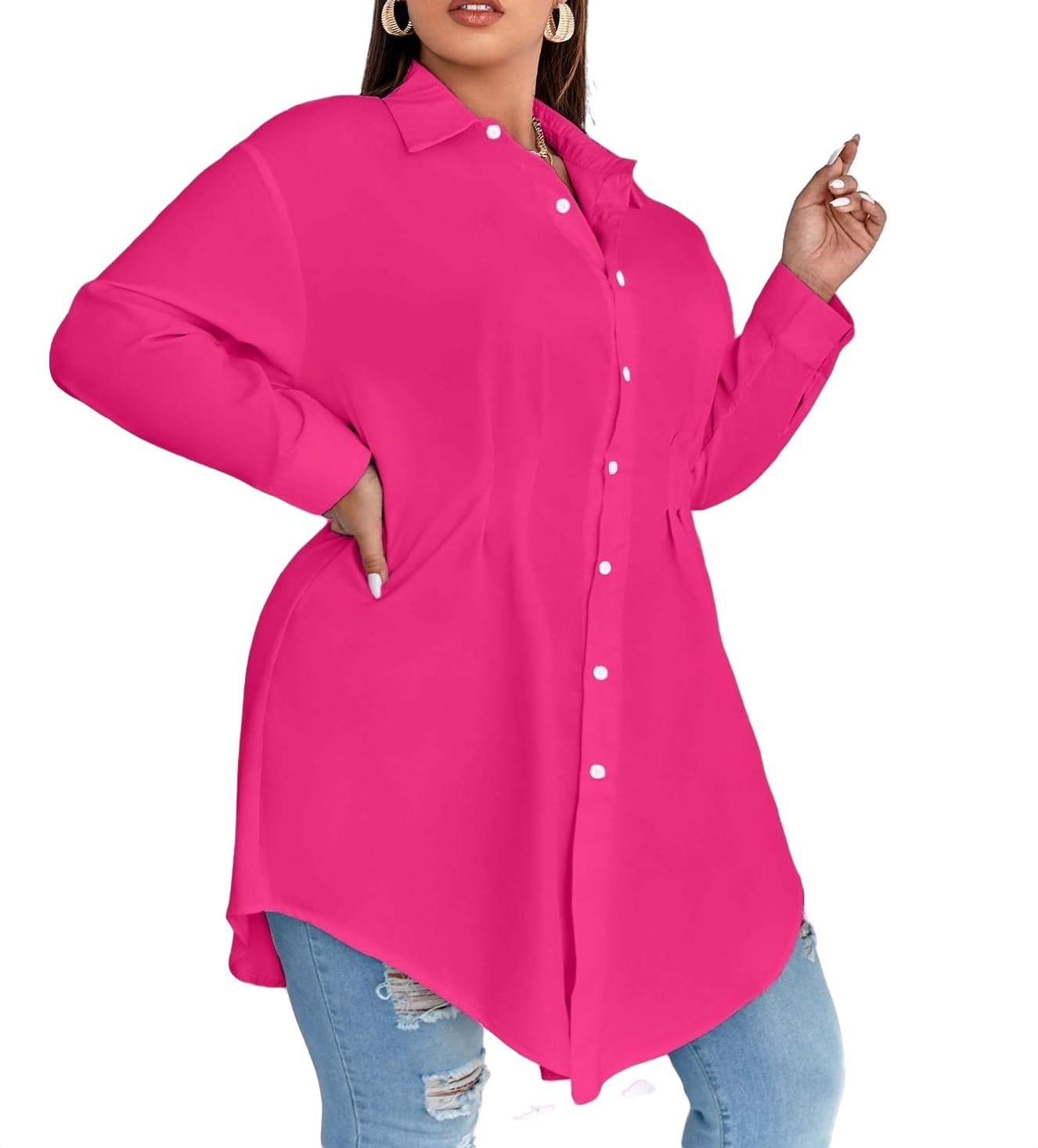 Casual Collar Shirt Long Sleeve Hot Pink Plus Blouses (Women's) - Walmart.com