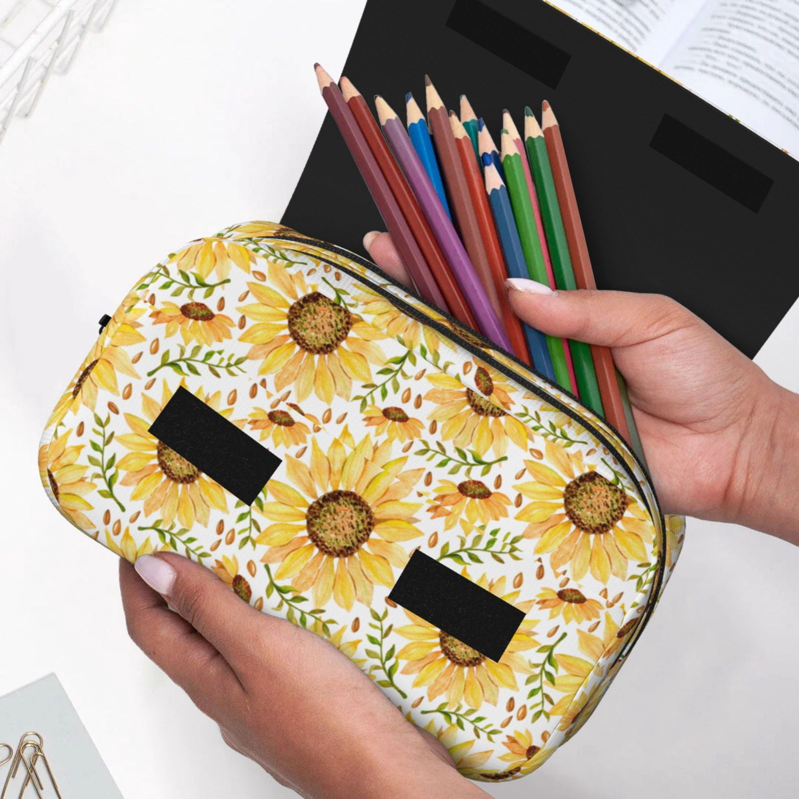 Rateoe Watercolor With Sunflowers Pattern Double Clamshell Pen Case, Storage Organizer with Two Zipper Compartments– Holds Up to 50 Pencils & Pens