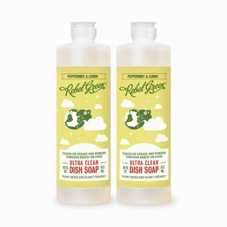 Rebel Green Super Deluxe Dish Soap - Natural Kitchen Dish Detergent - Gentle Dish Liquid Scented with Peppermint & Lemon - (16 oz 2 pack)