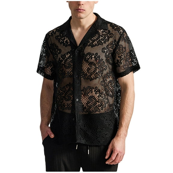 Mens Lace Shirt Summer Casual Floral See Through Short Sleeve Button Down Shirts