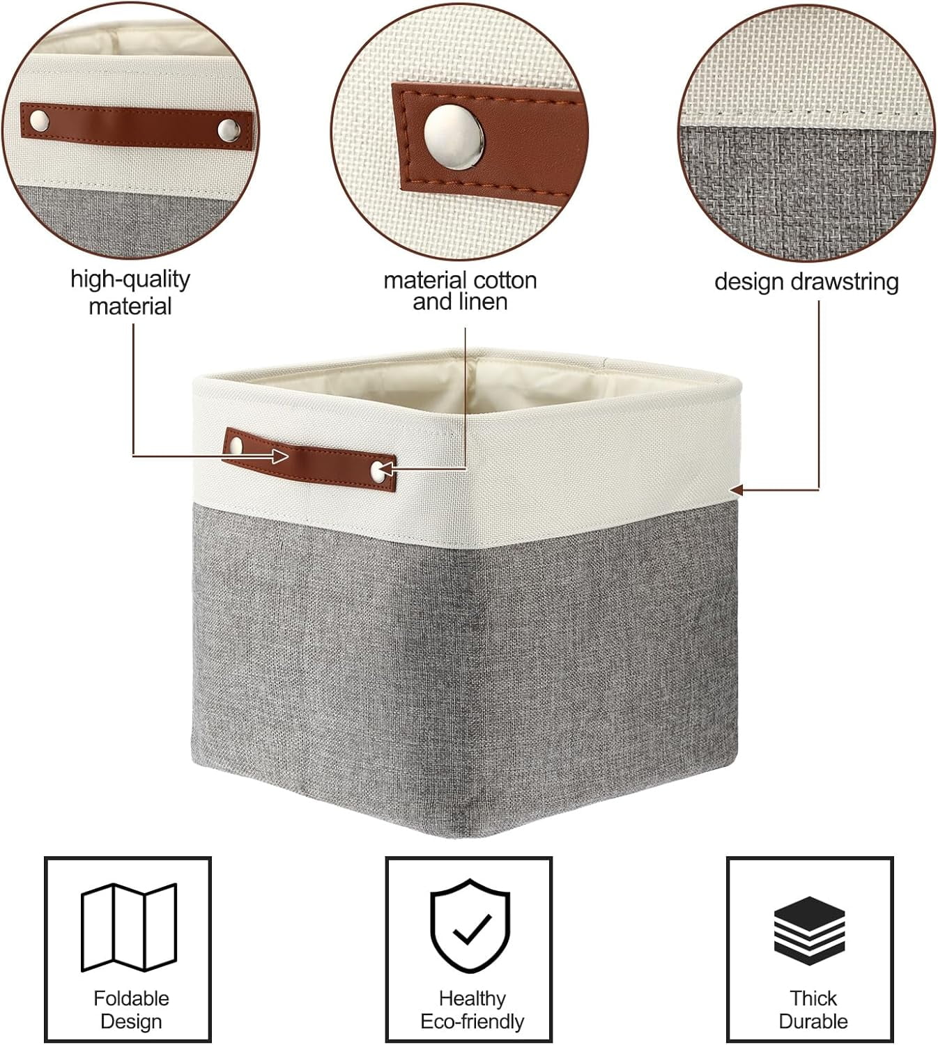 10 Pcs Collapsible Storage Bins Fabric Storage Basket with Handles Cloth Organizer Linen Shelf Baskets for Shelves Home Closet Nursery Toys(12 x 12 x 12 Inch,Gray and White)
