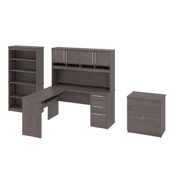 Bureau en L 60L avec huche, classeur latéral et bibliothèque Innova de Bestar, gris écorce