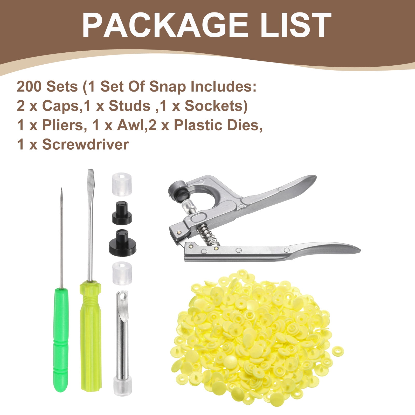 Uxcell Plastic Snaps Fasteners with Snap Pliers, 200 Set T3 Round Resin No-Sew Button Snap Fasteners Kit Yellow