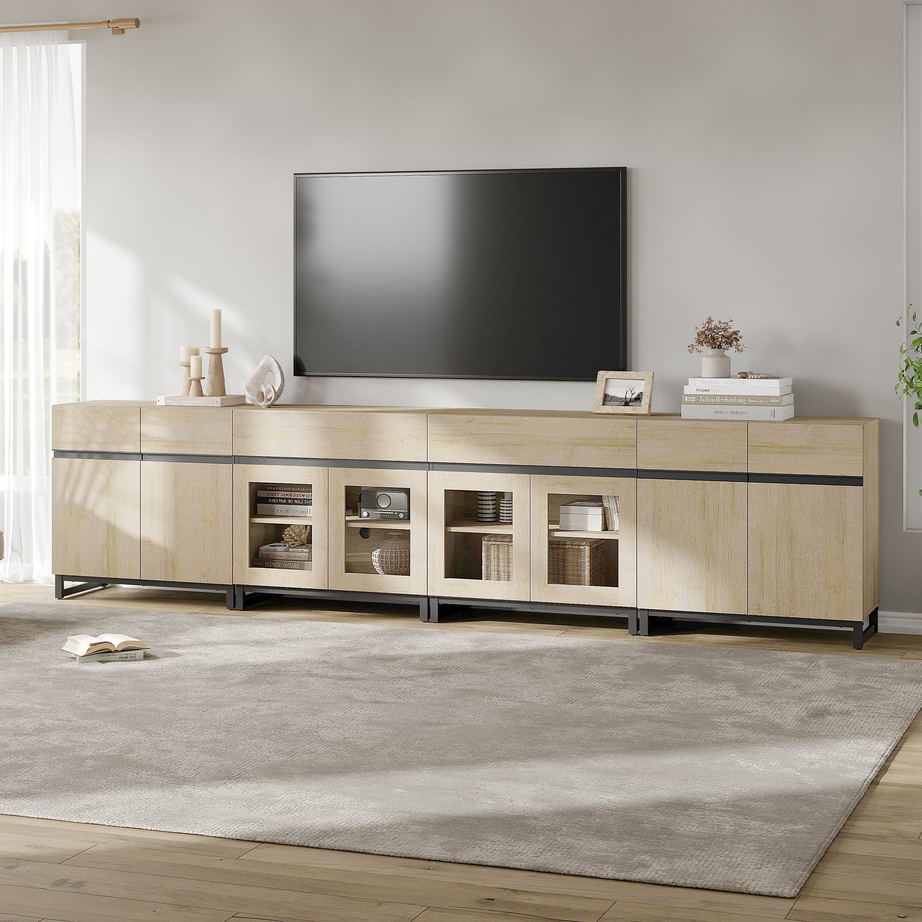 Modern TV Stand For Tvs Up To 120 Inches, 4 In 1 TV Console With Glass Doors And 2 Drawers, Media Console With Adjustable Shelf For Living Room,Beige