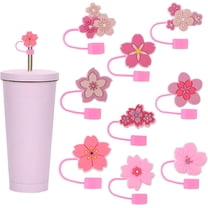 Flower Straw Cover Cap 9PCS Convenient Protective Silicone Straw Tip Cap Dust Resistant Reusable Cute Water Bottle Accessories Straw Decoration for 9-10mm Straws (Pink)