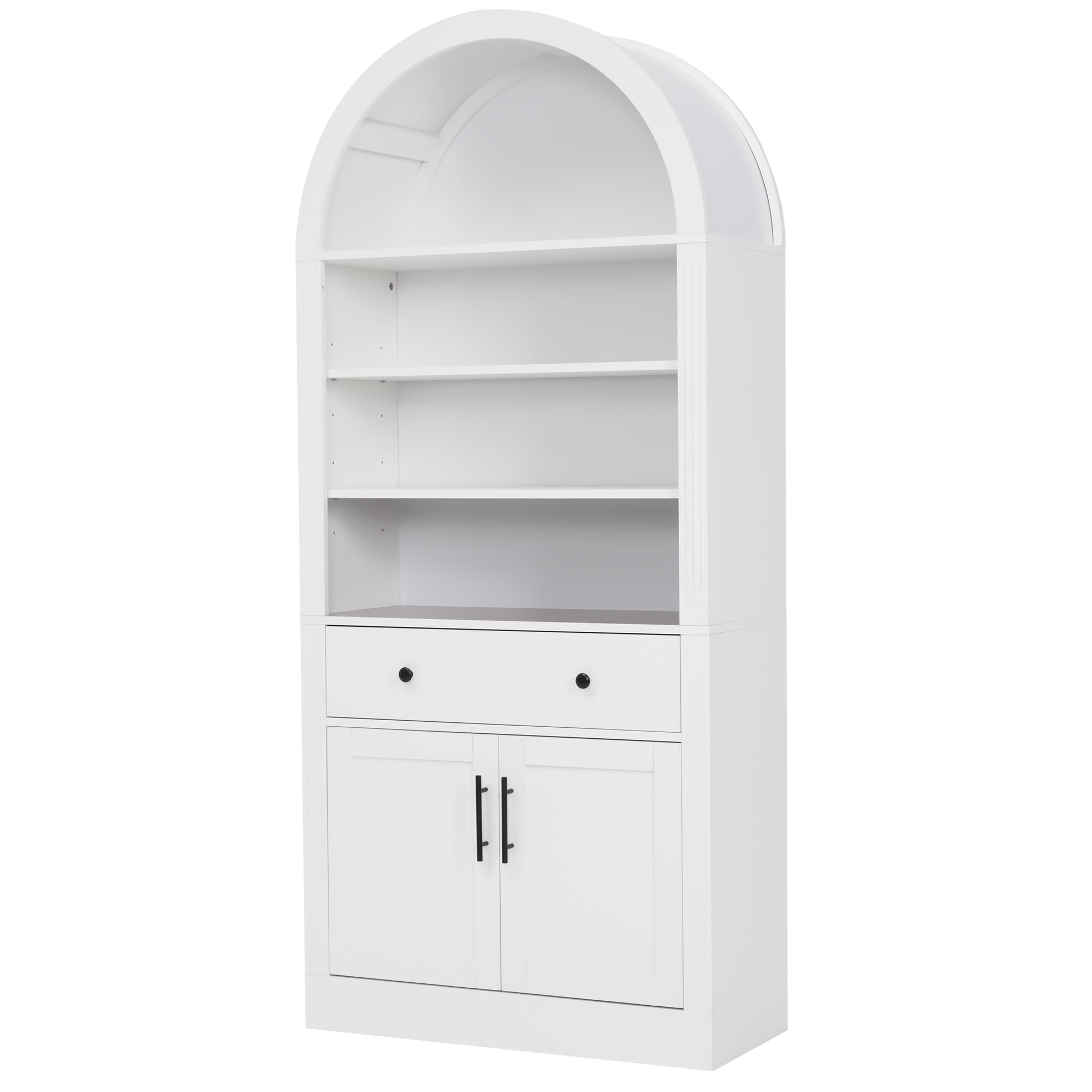 Garitin Bookshelf and Tall Arched Storage Cabinet 70.9 Inch, Display Bookcase with Adjustable Shelves and Drawer for Living Room Office, White