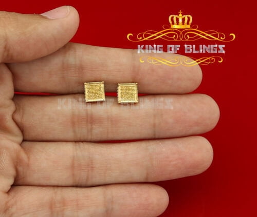 King of Bling's 0.15ct Yellow Diamond 925 Sterling Silver Stud Women's/ Men's Square Earrings