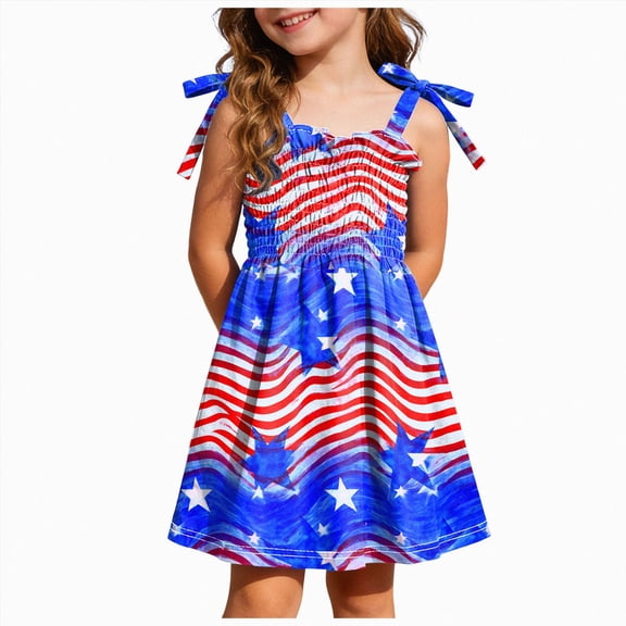 CAUYDY 4T 5T 6T Dresses for Kids Girl Baby Girls 4th of July Outfits Toddler American Flag and Star Print Dress Little Girls Summer Sundress Children's Gift (Sizes 1-2 Years,Blue)